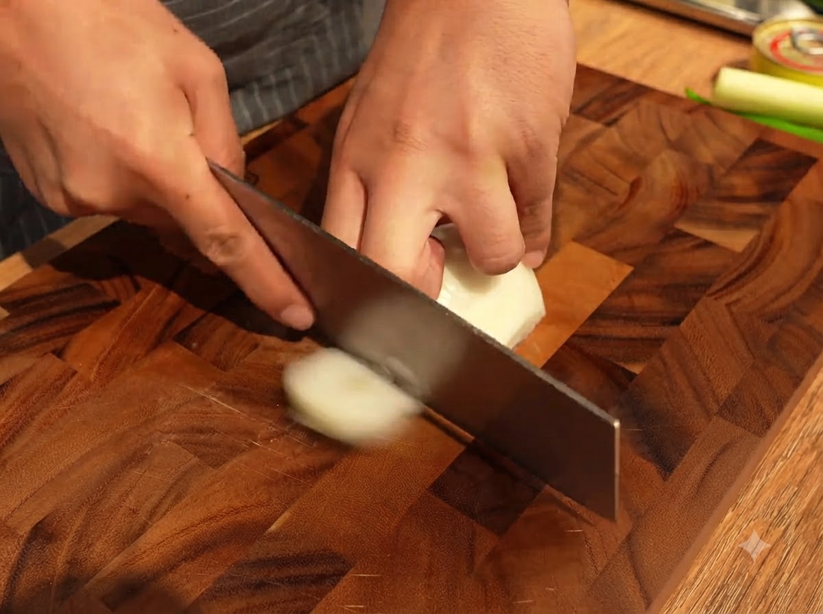 Cortando media cebolla blanca en tiras sobre una tabla de cortar de madera con un cuchillo de carnicero.