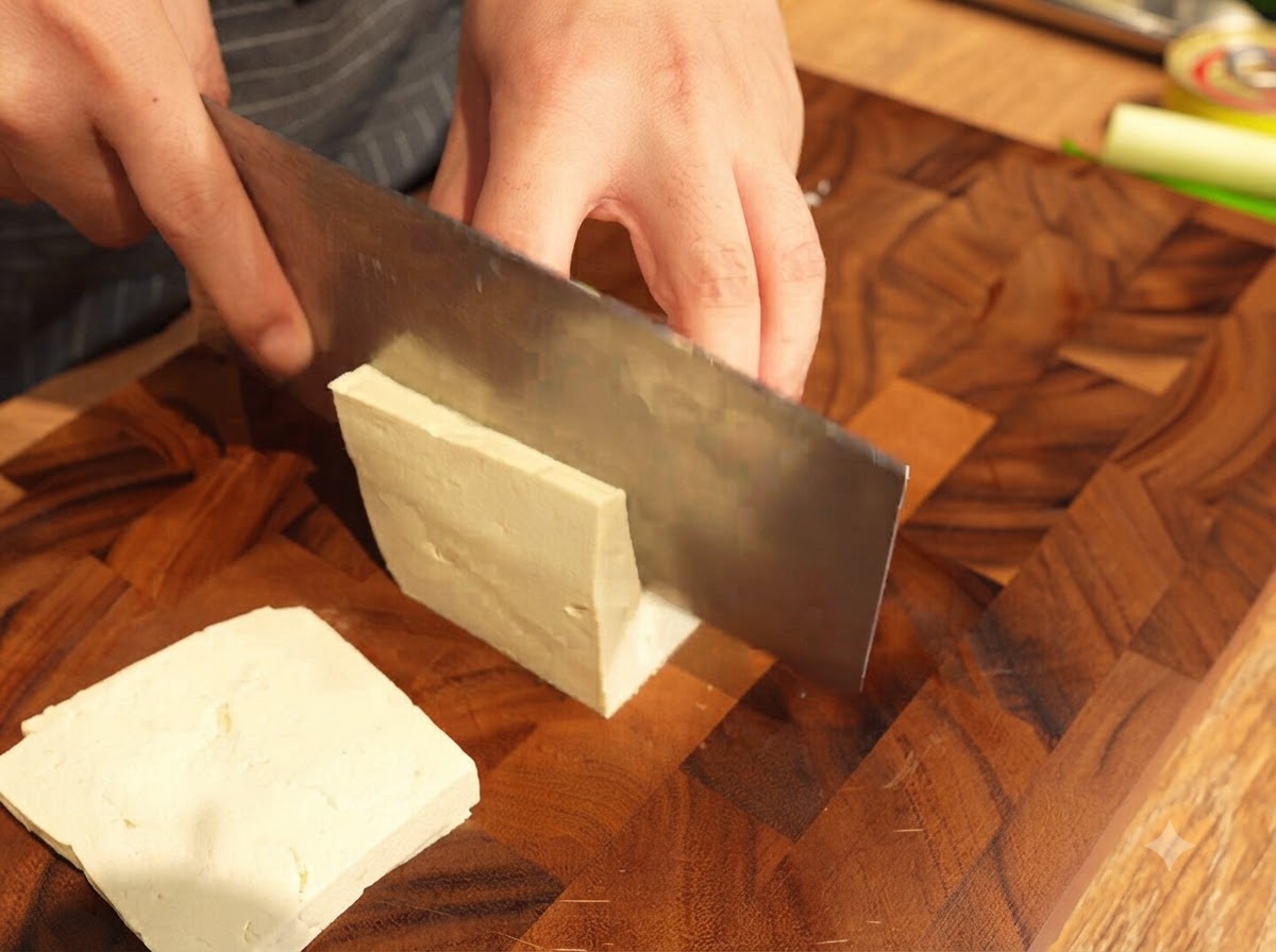 Cortando un bloque de tofu blanco firme en rebanadas rectangulares gruesas.