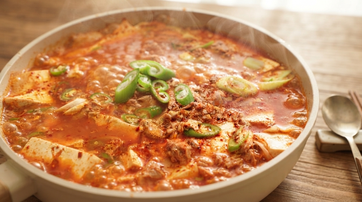 Una sartén poco profunda con tofu estofado coreano burbujeante, que presenta trozos gruesos de tofu y trozos de atún en un vibrante caldo de chile rojo cubierto con chiles verdes frescos.