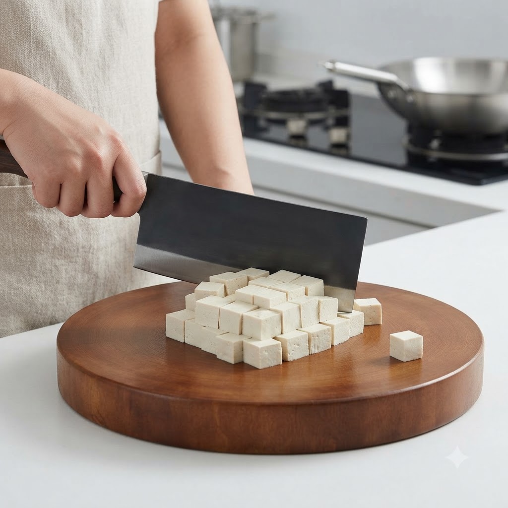 Un bloque de tofú blanco siendo cortado en cubos pequeños con un cuchillo de cocina sobre una tabla de cortar de madera.