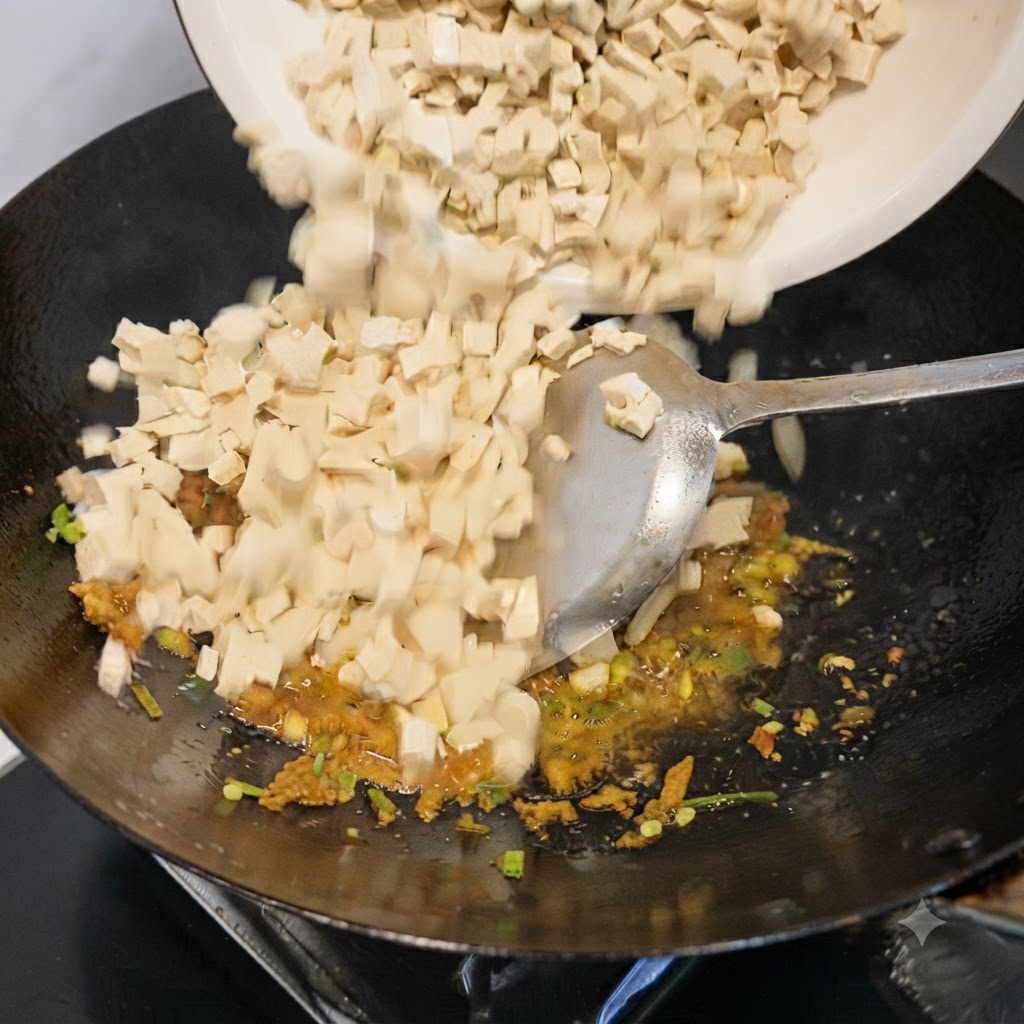 Tofú en dados siendo vertido desde un bol blanco a un wok que contiene los aromáticos cocinados.
