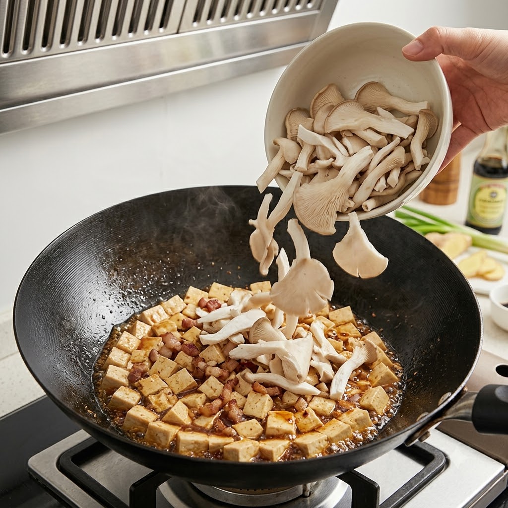 Setas ostra cortadas siendo añadidas desde un bol a un wok lleno de tofú y trozos de cerdo.