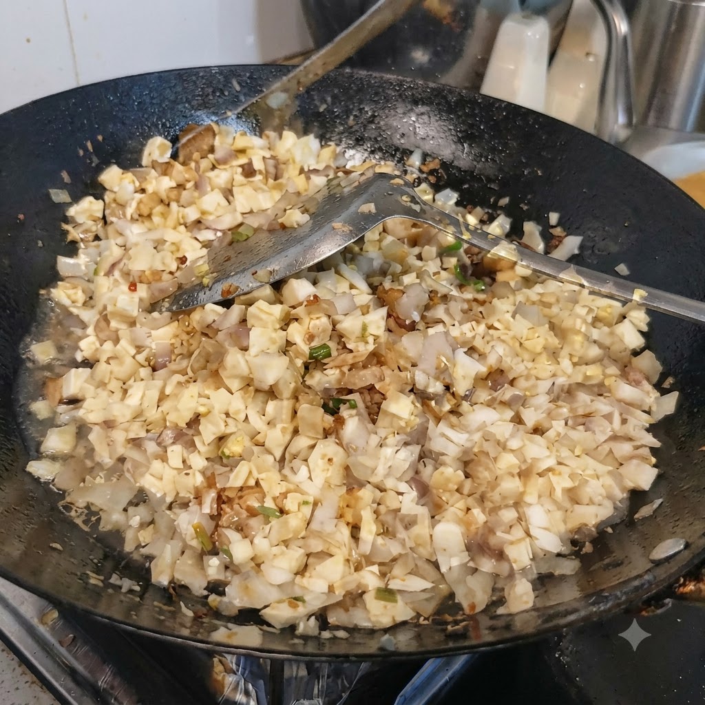 Sal siendo añadida a la mezcla de tofú en dados y setas ostra en un wok.