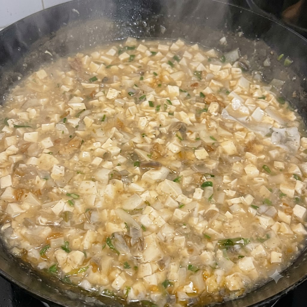 Maicena disuelta siendo vertida en la sopa burbujeante para espesarla.