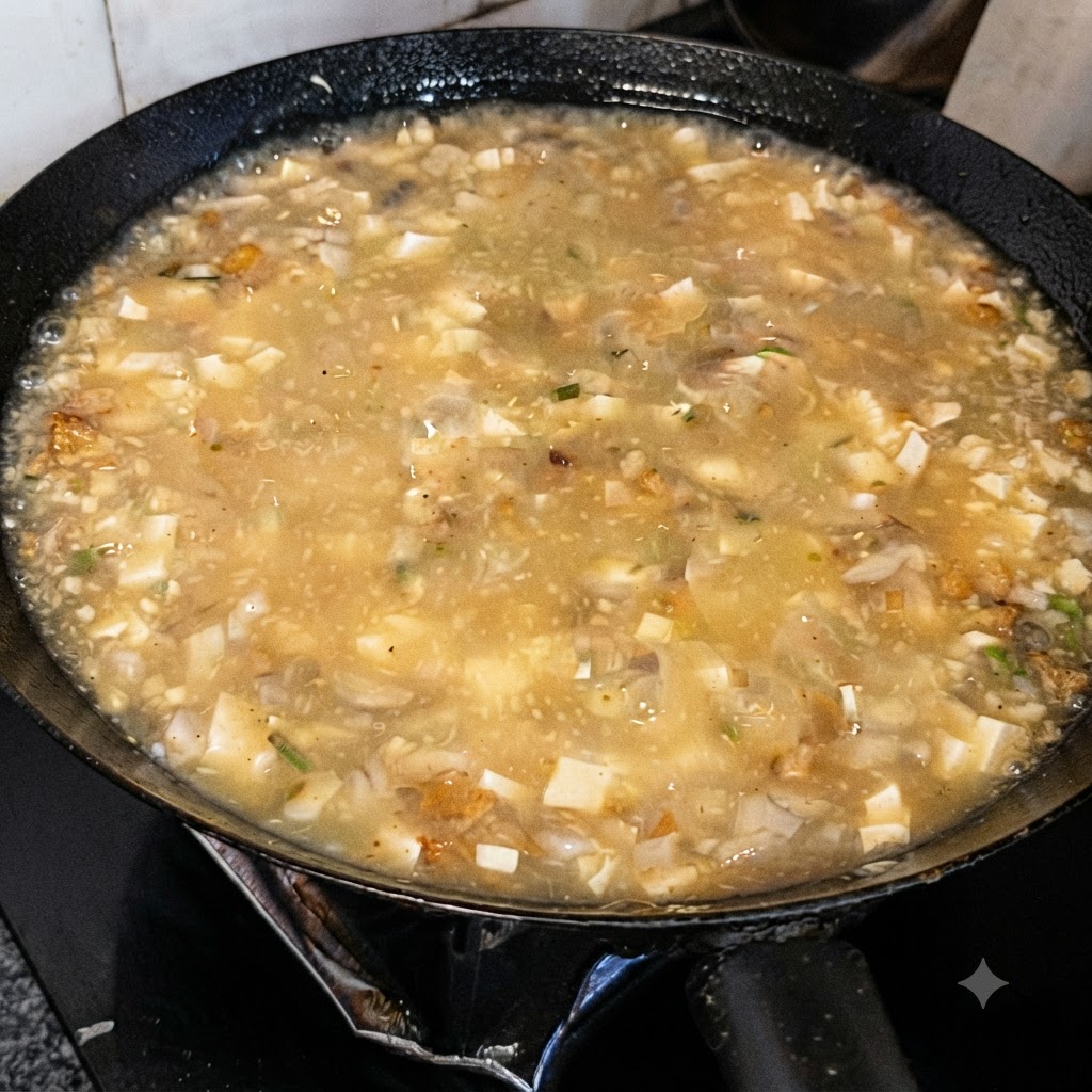 Pimienta blanca en polvo siendo espolvoreada sobre la superficie de la sopa.