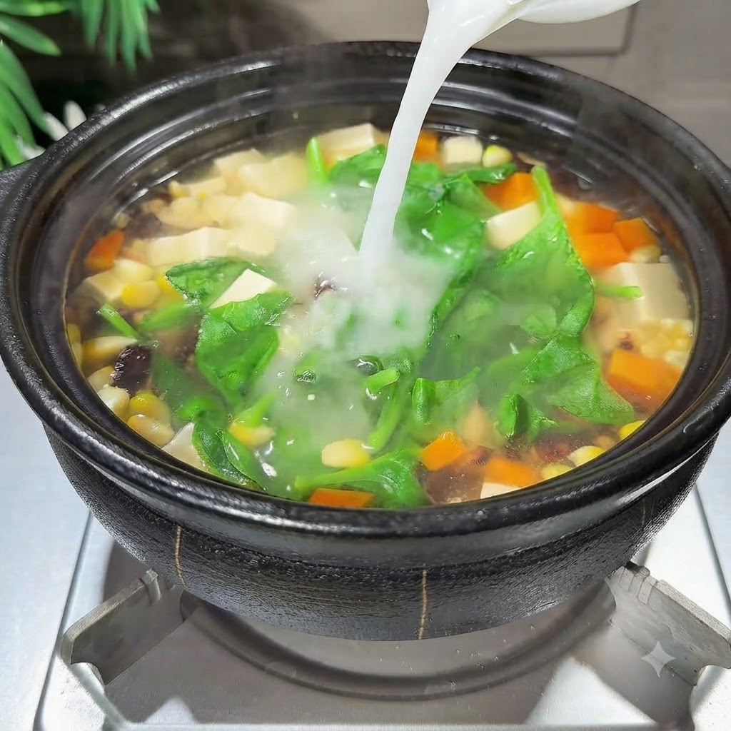 Mezcla de fécula de maíz siendo vertida en la olla a fuego lento con verduras y vegetales de hoja verde.