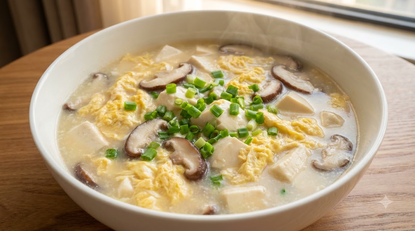 Sopa Confortante de Champiñones, Tofú y Huevo
