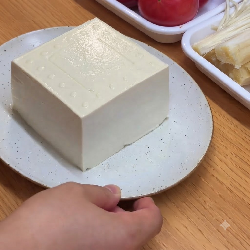 Un bloque de tofu blanco suave siendo cortado en pequeños cubos rectangulares en un plato blanco.