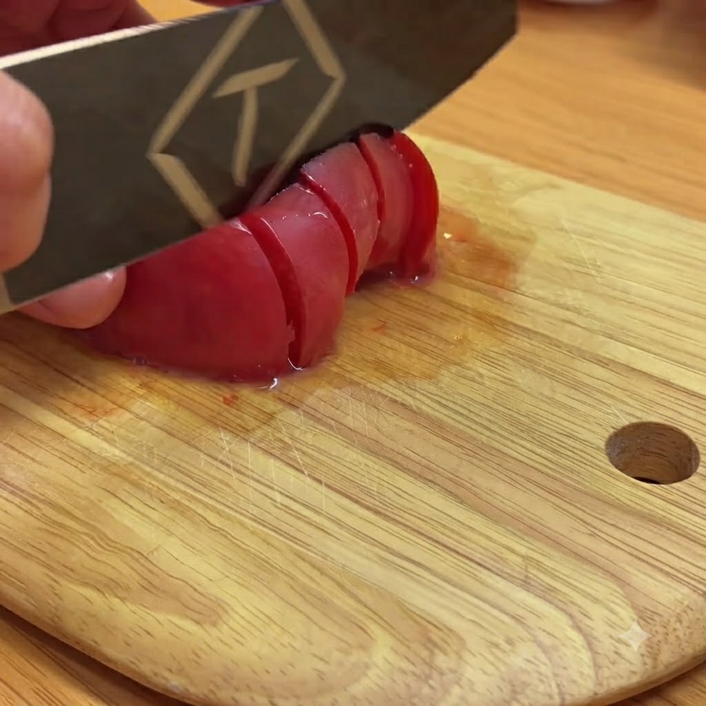 Tomates rojos siendo cortados en trozos pequeños sobre una tabla de madera con un cuchillo.