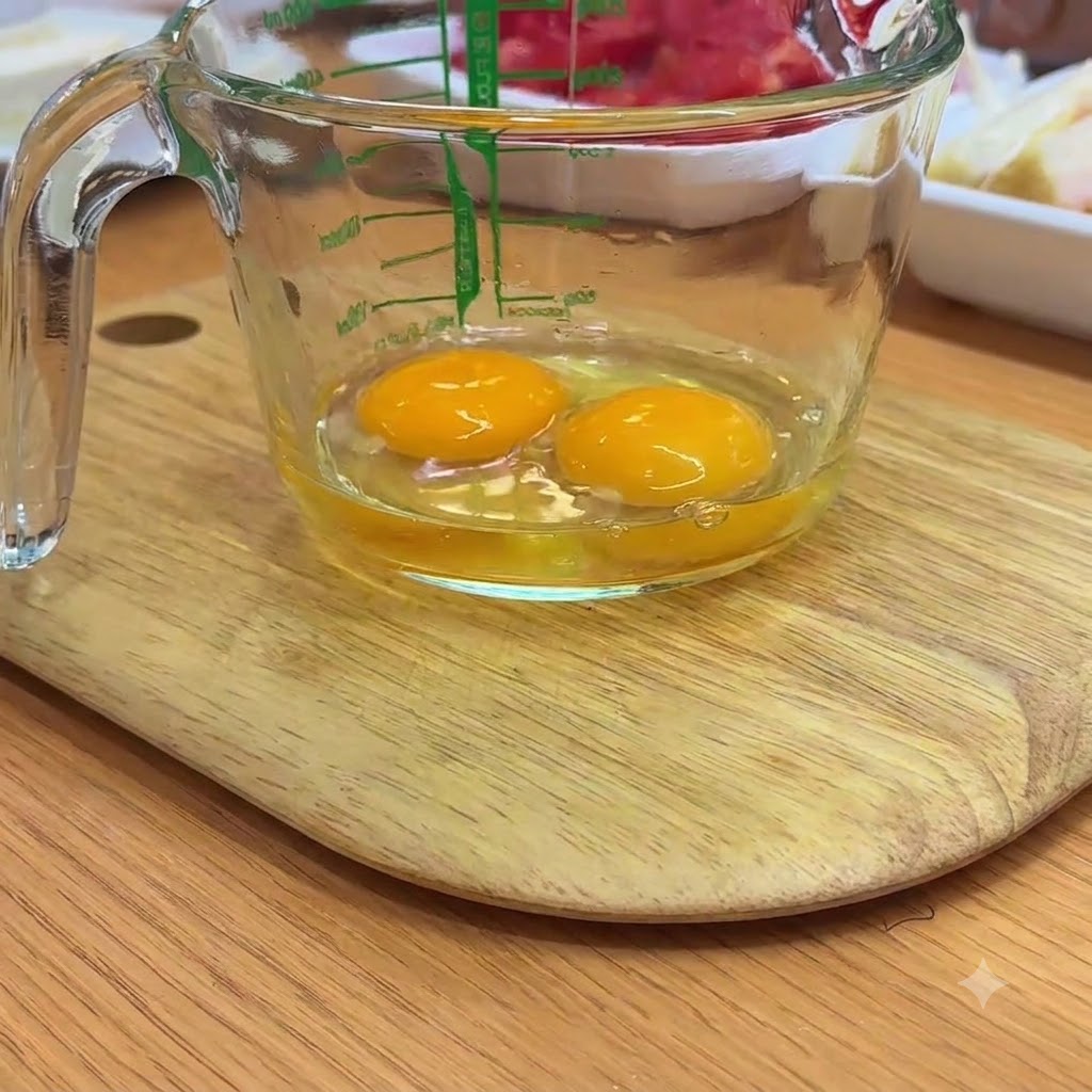 Dos huevos crudos en una taza medidora transparente siendo batidos con palillos.