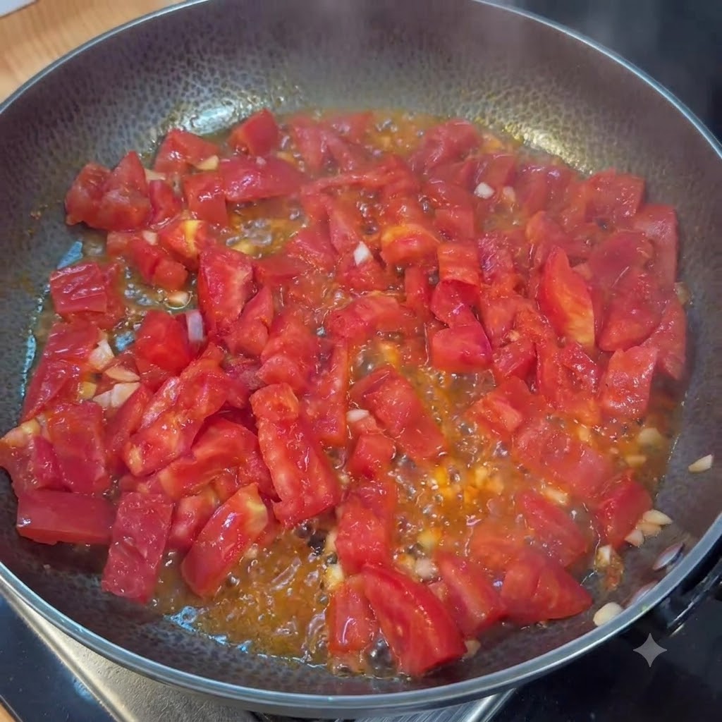 Tomates picados cocinándose hasta quedar pulposos y jugosos en una sartén después de ser salados.