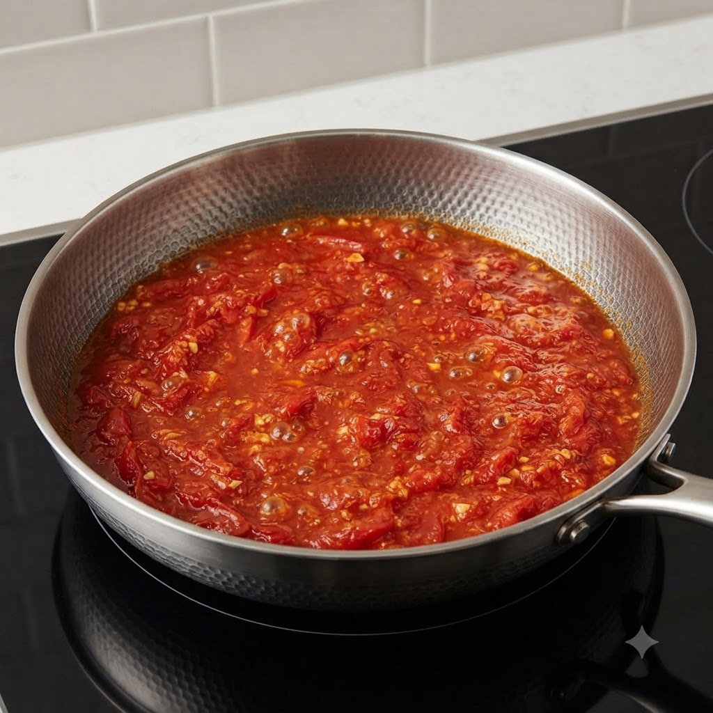 Agua vertida en una sartén con una rica base de tomate cocido, burbujeando en el fuego.