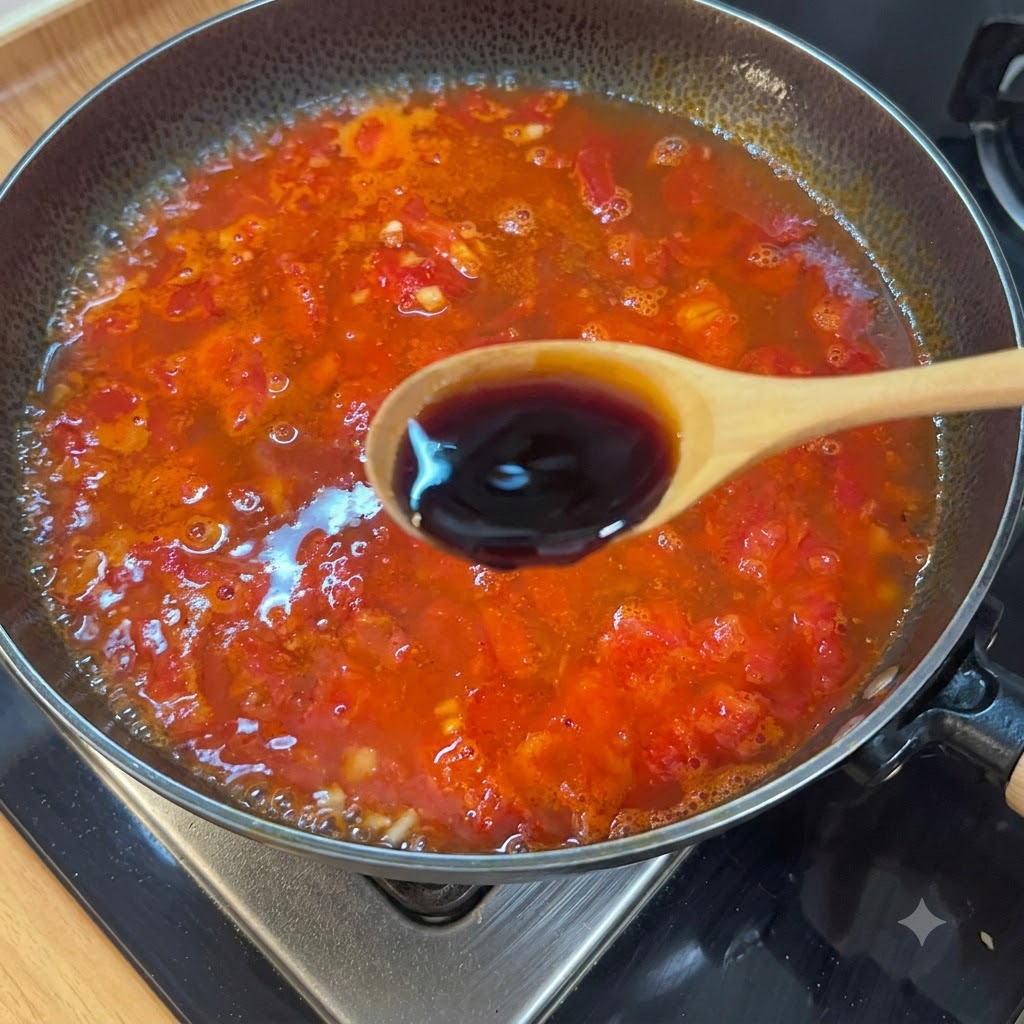 Una cuchara de madera añadiendo salsa de soja ligera en una olla a fuego lento con base de sopa de tomate.