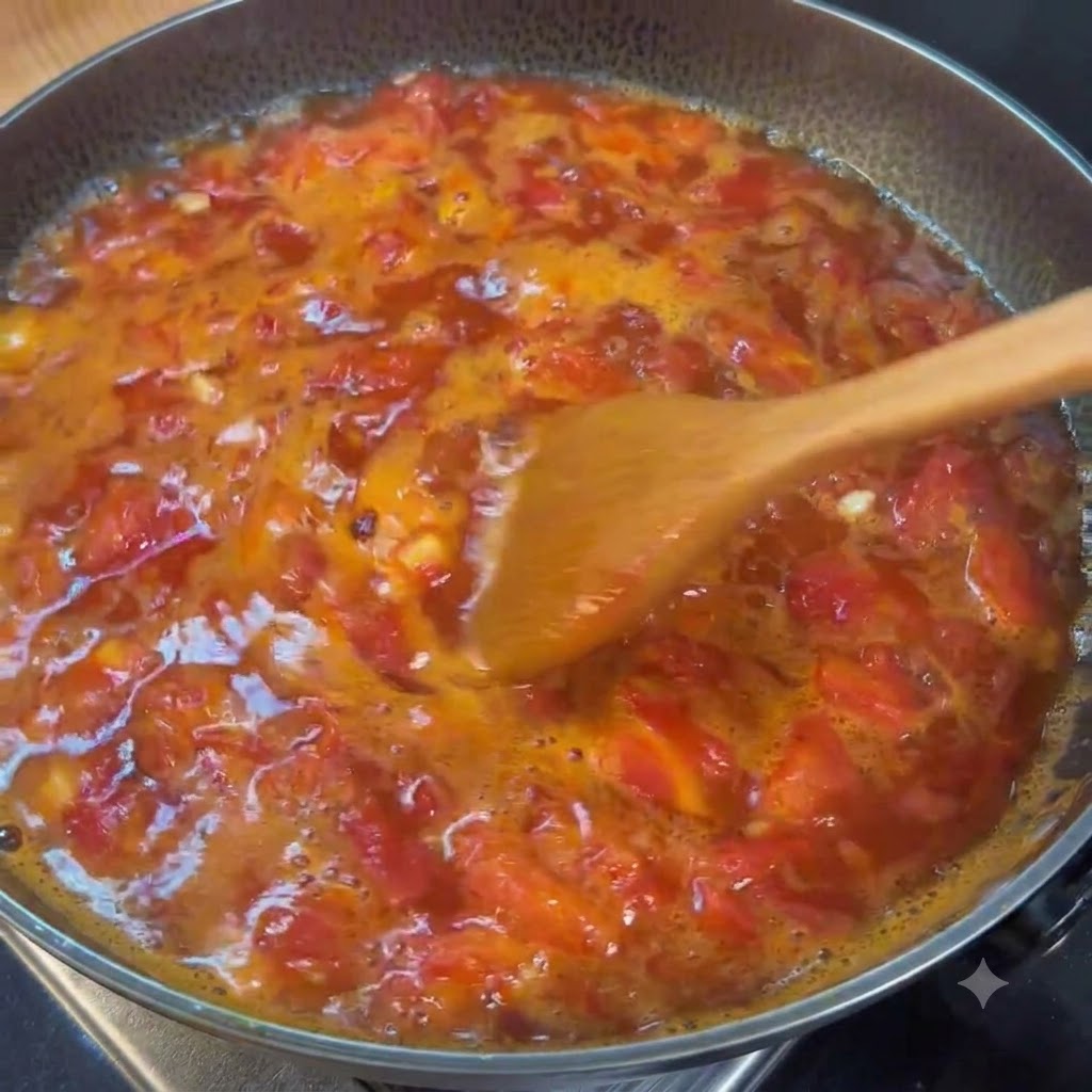 Setas enoki frescas siendo añadidas a una olla burbujeante de sopa de tomate.
