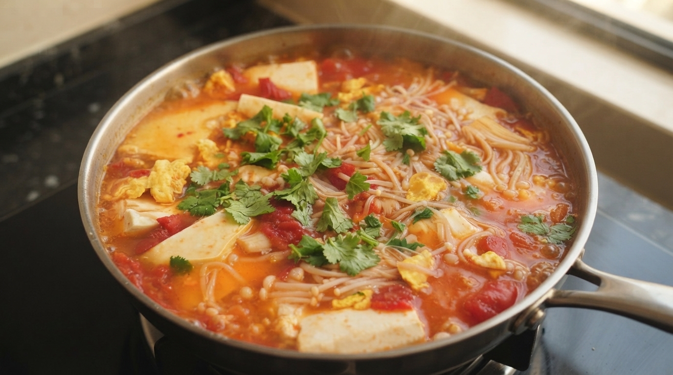 Sopa de tomate y tofu lista en un minuto