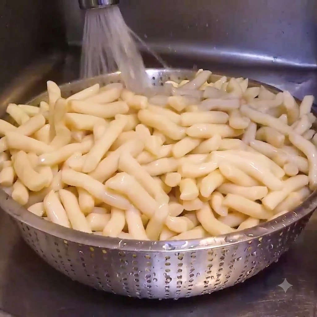 Pasteles de arroz caseros escurriéndose en un colador de acero inoxidable bajo agua corriente.