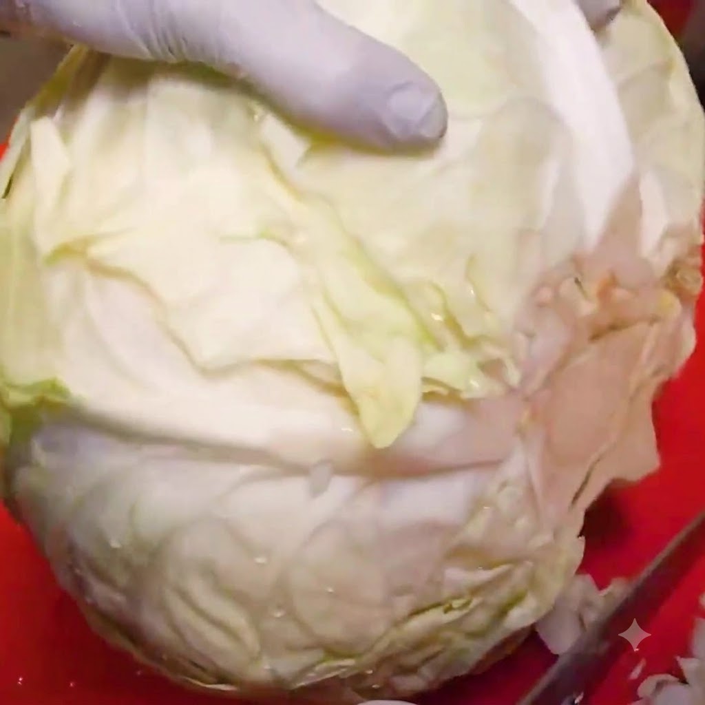 Una cabeza de repollo cortada en trozos pequeños sobre una tabla roja.