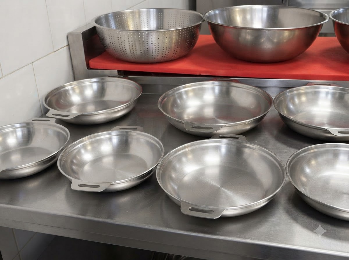 Múltiples sartenes metálicas redondas, vacías y preparadas, sobre un mesón de metal.