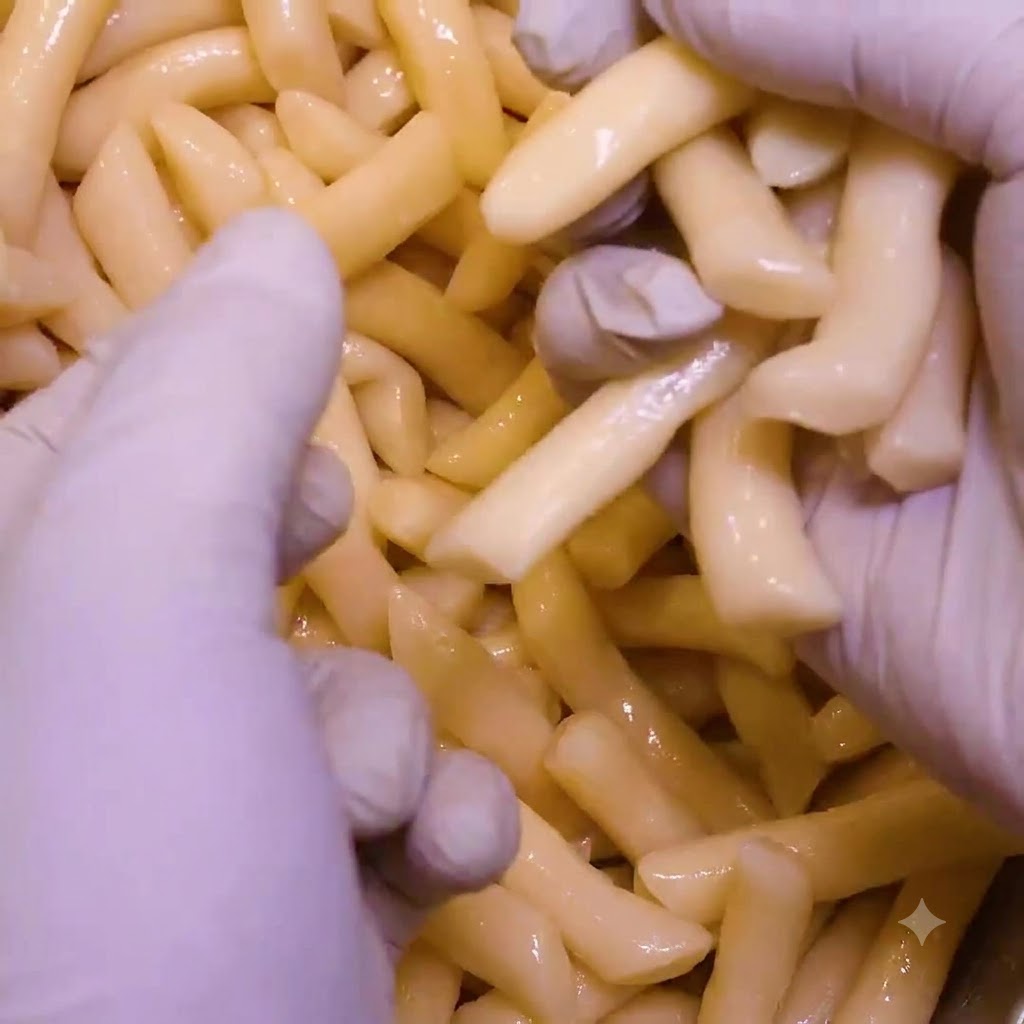 Manos con guantes colocando pasteles de arroz caseros crudos sobre la capa de repollo.