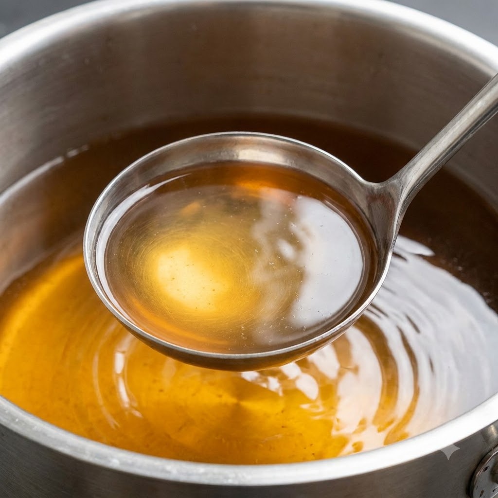 Un cucharón de metal tomando caldo marrón claro de una olla grande.