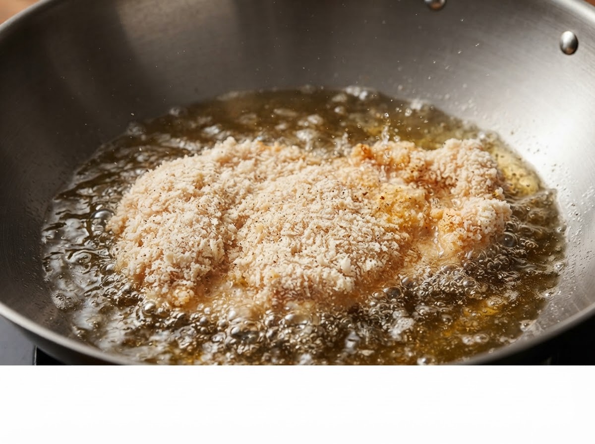 Una milanesa de pollo empanizada friéndose en un wok grande lleno de aceite hirviendo.