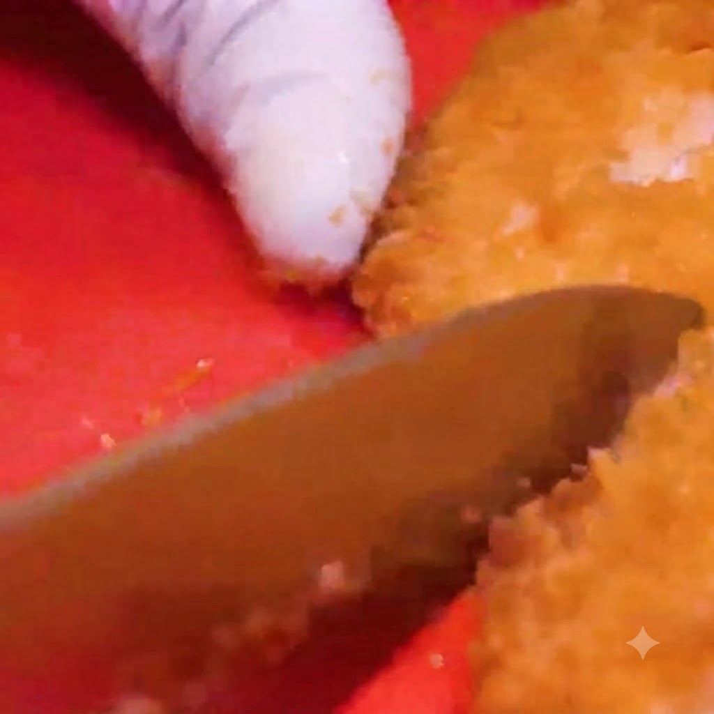 Un cuchillo cortando una milanesa de pollo empanizada y frita sobre una tabla de picar roja brillante.