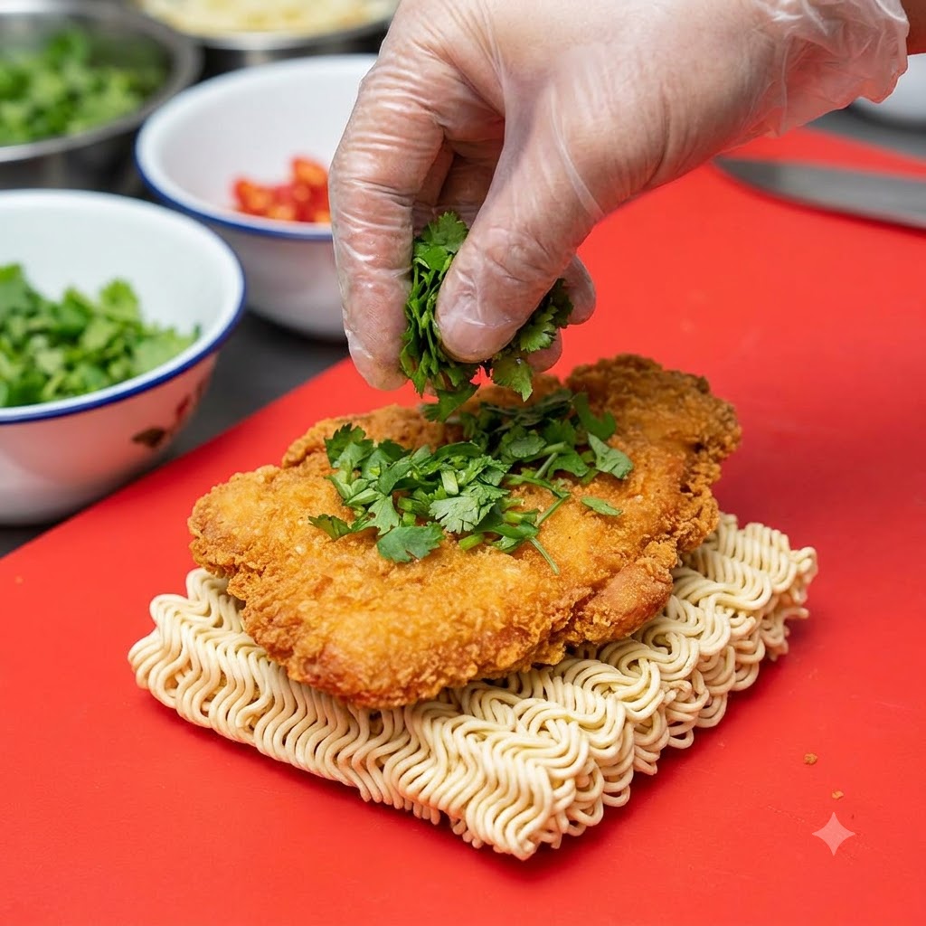 Una mano con guantes esparciendo perejil verde picado sobre una milanesa de pollo empanizada y dorada colocada encima de fideos instantáneos secos.