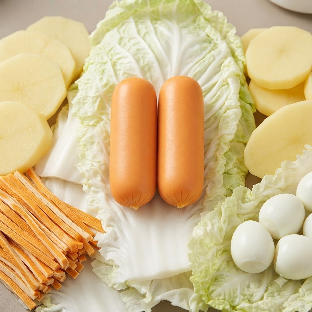 Un surtido de ingredientes crudos para hot pot que incluye dos salchichas, huevos de codorniz, papas en rodajas, tiras de tofu y repollo napa.