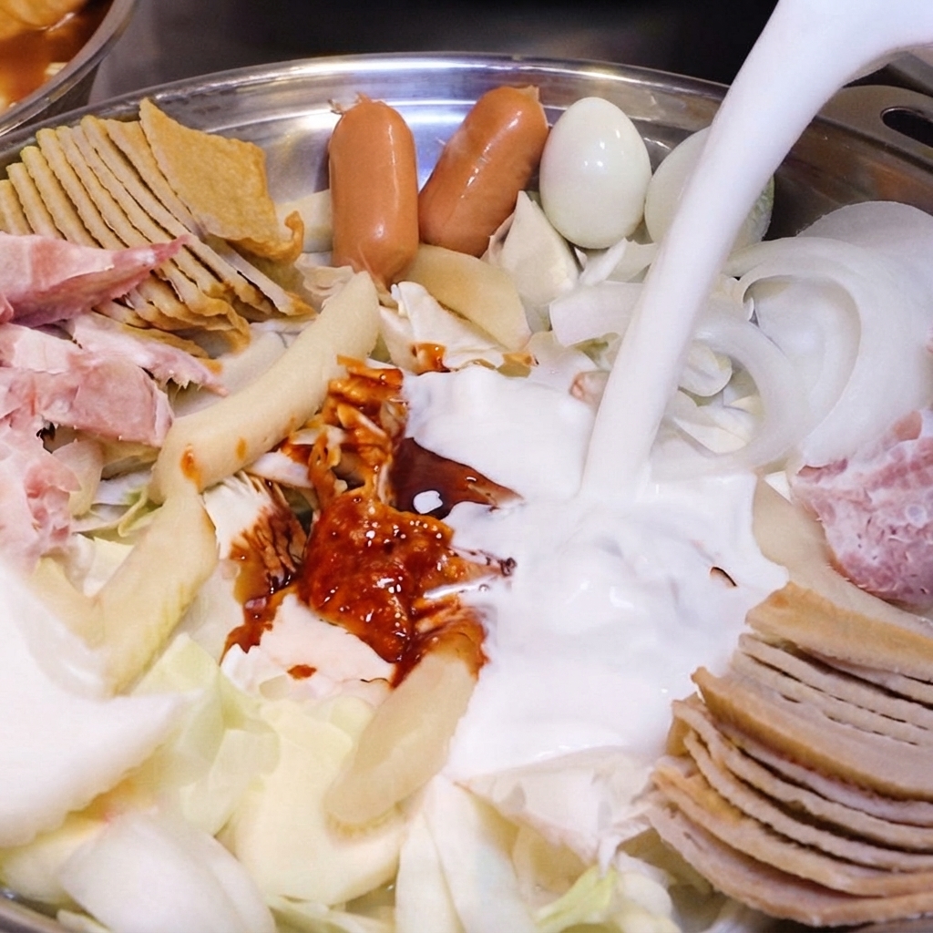 Leche blanca fresca vertida desde una jarra en una sartén de hot pot llena de varios ingredientes, salsa picante y cebollas en rodajas.