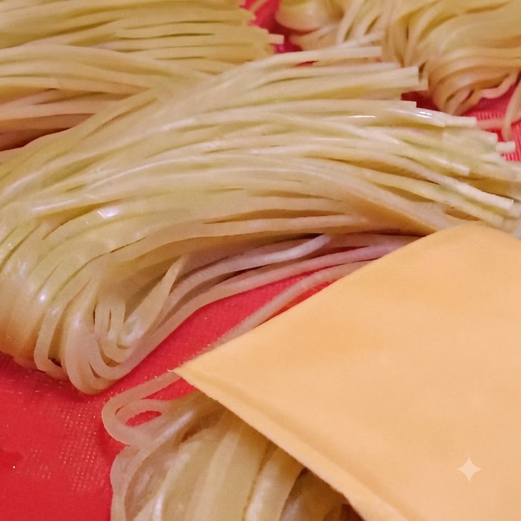 Una rebanada de queso amarillo colocada sobre una porción de fideos italianos cocidos en una superficie roja.