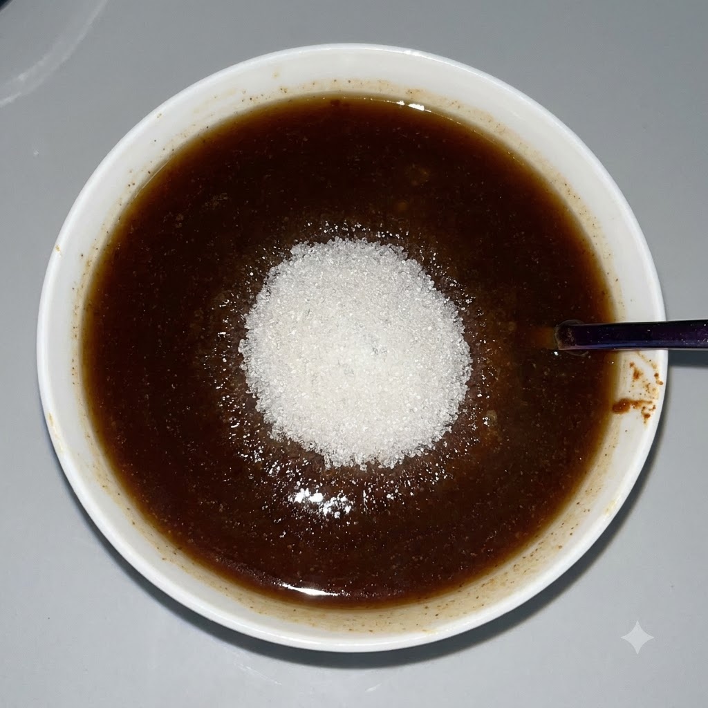 Un montón de azúcar blanca granulada encima de la salsa marrón oscura en el tazón blanco.