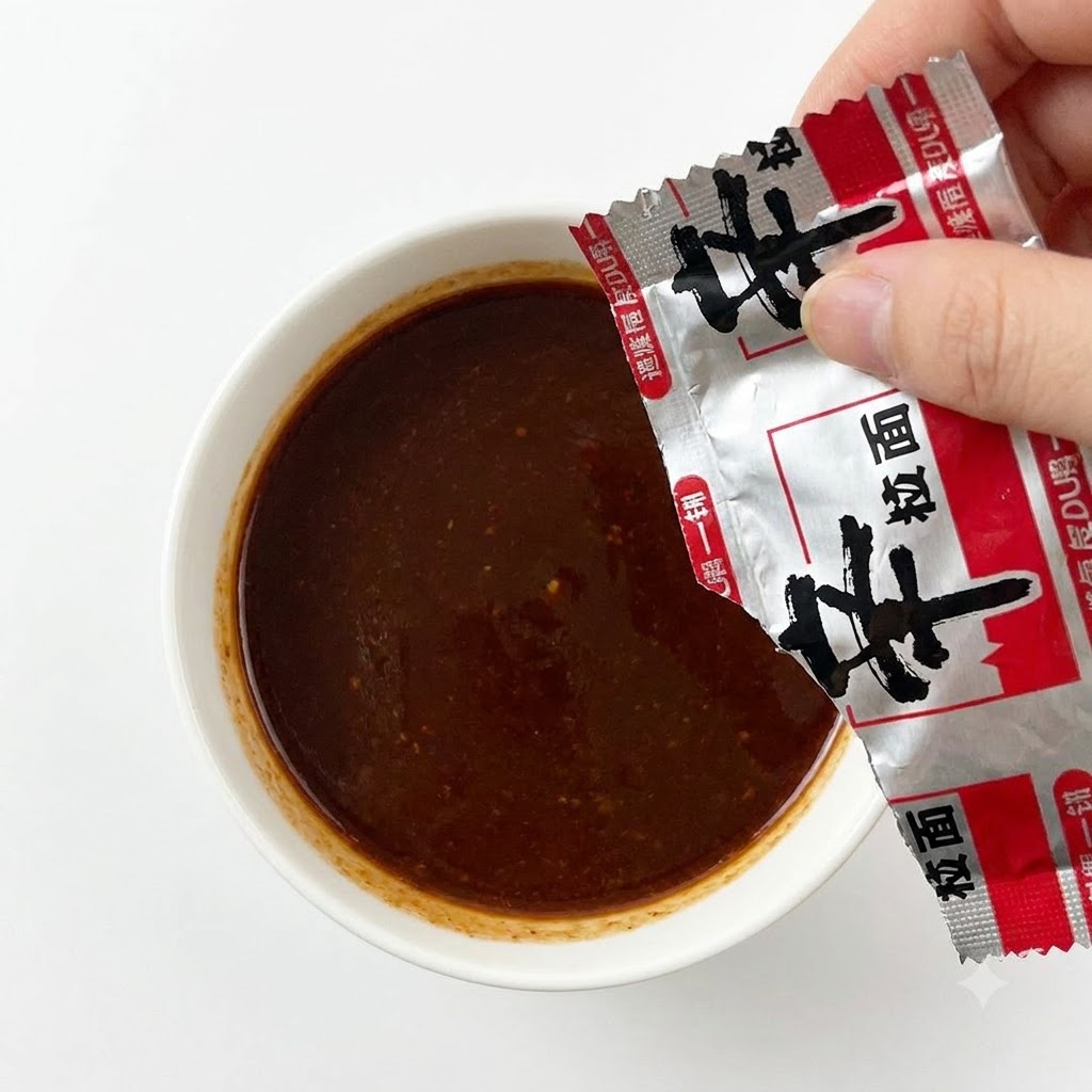 Una mano abriendo y vertiendo un paquete rojo y plateado de condimento de ramen picante en el tazón de salsa preparado.