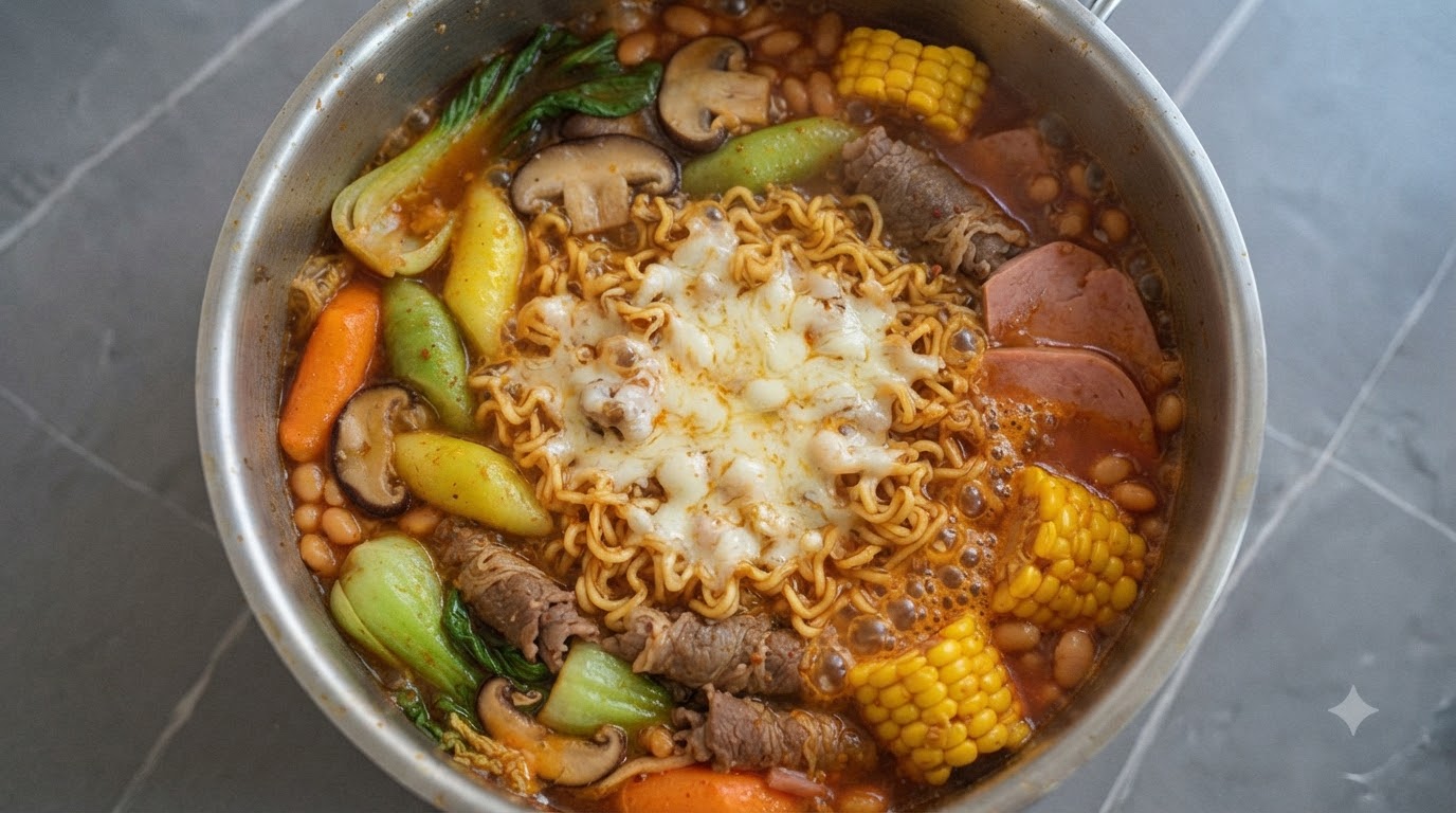Una olla burbujeante de estofado militar coreano llena de fideos ramen, carne en rodajas, pasteles de arroz con queso y queso derretido
