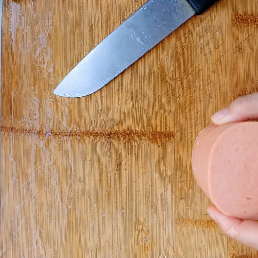 Rodajas gruesas de carne en lata reposando en una tabla de madera.