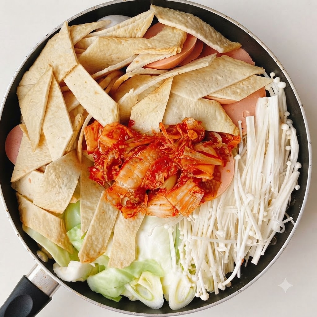 Salsa picante coreana y kimchi en el centro de los ingredientes.