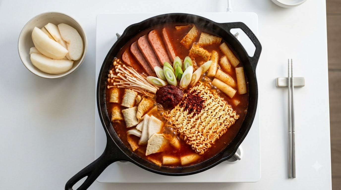 Estofado Coreano del Ejército (Budae Jjigae) con Pastel de Arroz