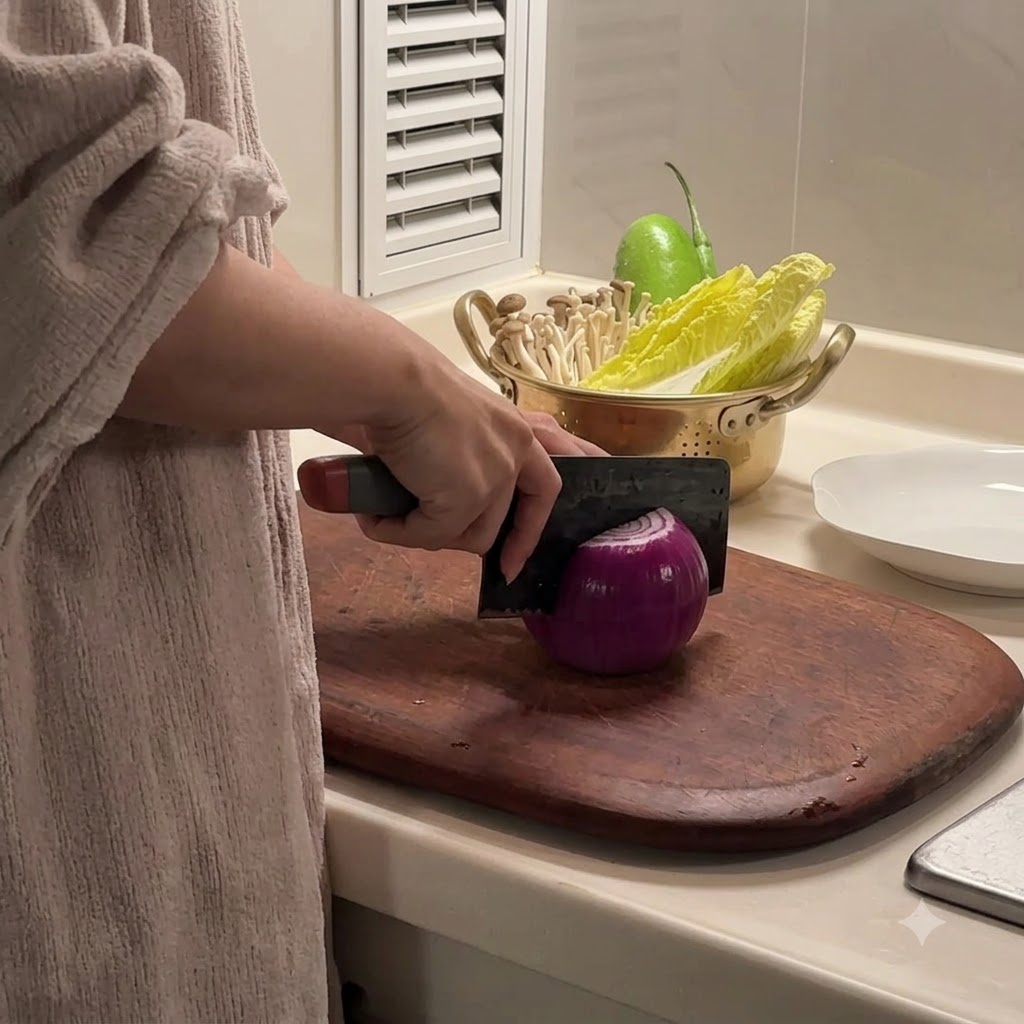 Una mano usando un cuchillo para cortar una cebolla roja en una tabla de cortar de madera.
