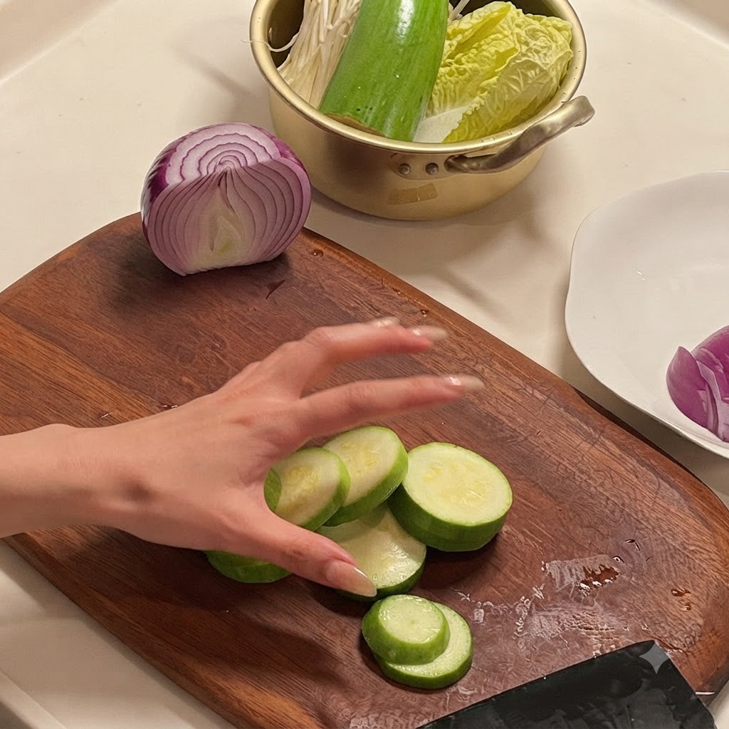Rodajas de calabacín dispuestas en una tabla de cortar de madera junto a media cebolla.