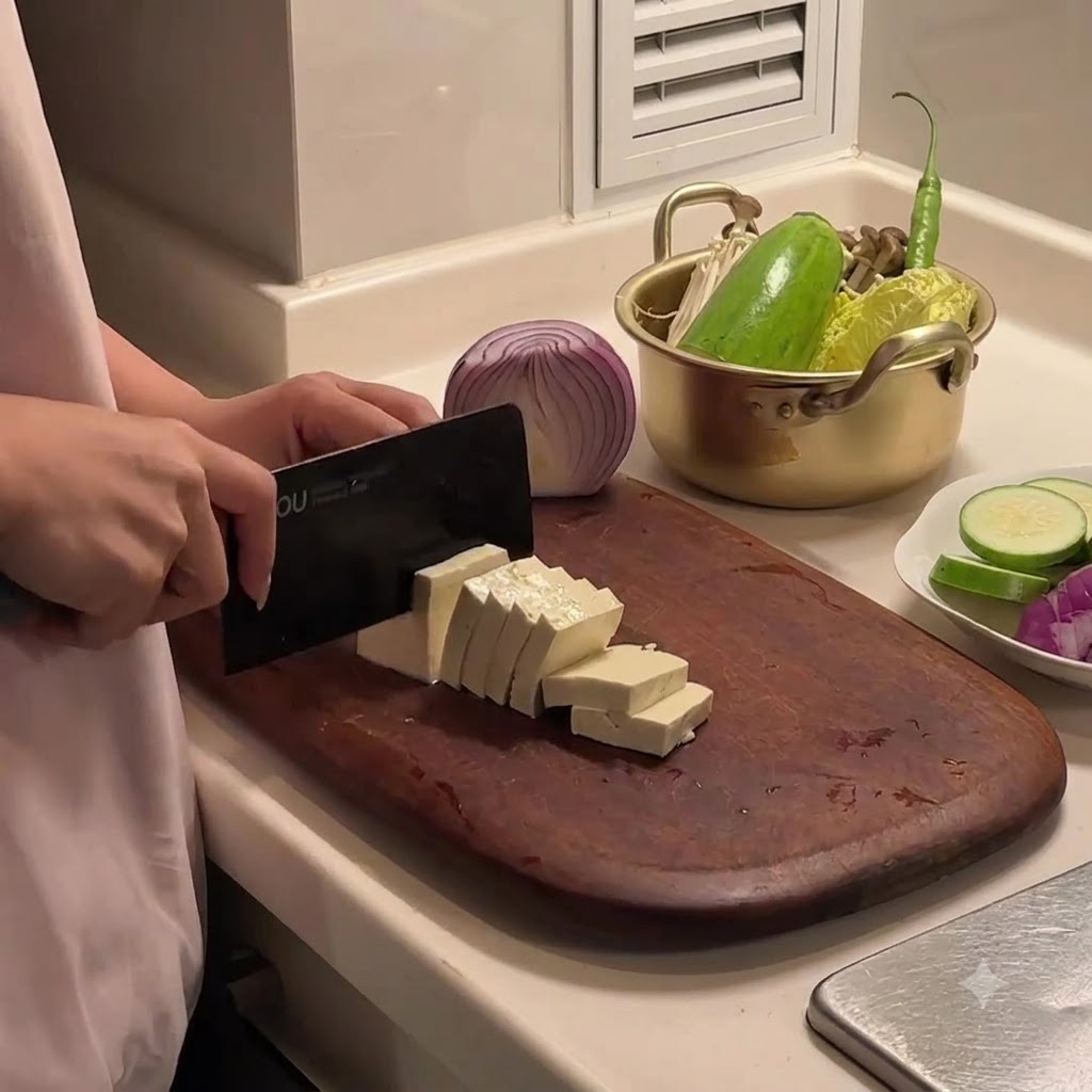 Un bloque de tofu firme siendo cortado en trozos rectangulares sobre una tabla de cortar de madera.