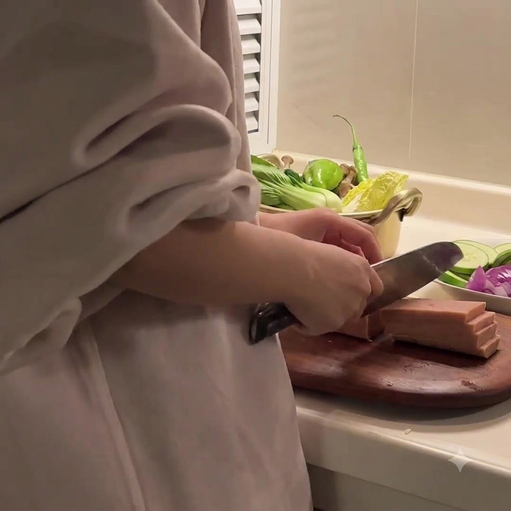 Jamón enlatado siendo cortado en trozos rectangulares sobre una tabla de cortar de madera.