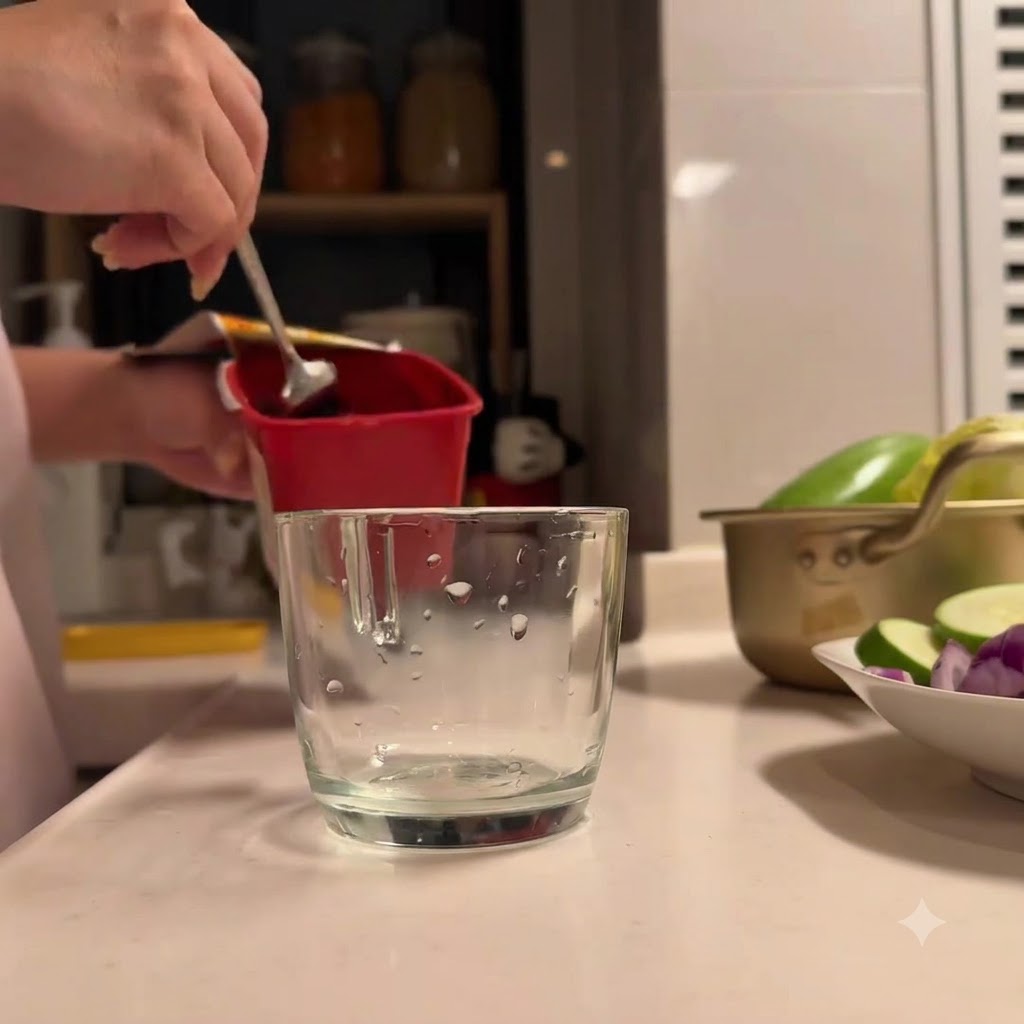 Pasta de ají coreana y otros condimentos siendo colocados en un vaso de vidrio.