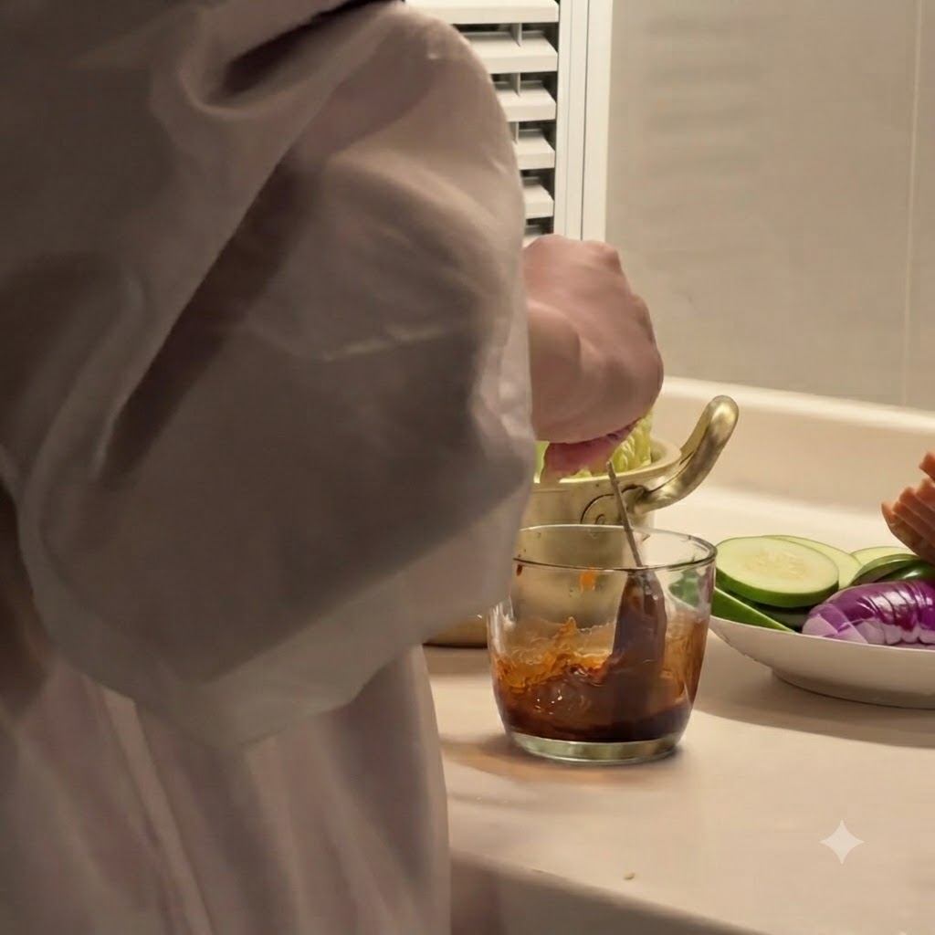 Ajo picado siendo revuelto en la mezcla de condimentos dentro de un vaso de vidrio.
