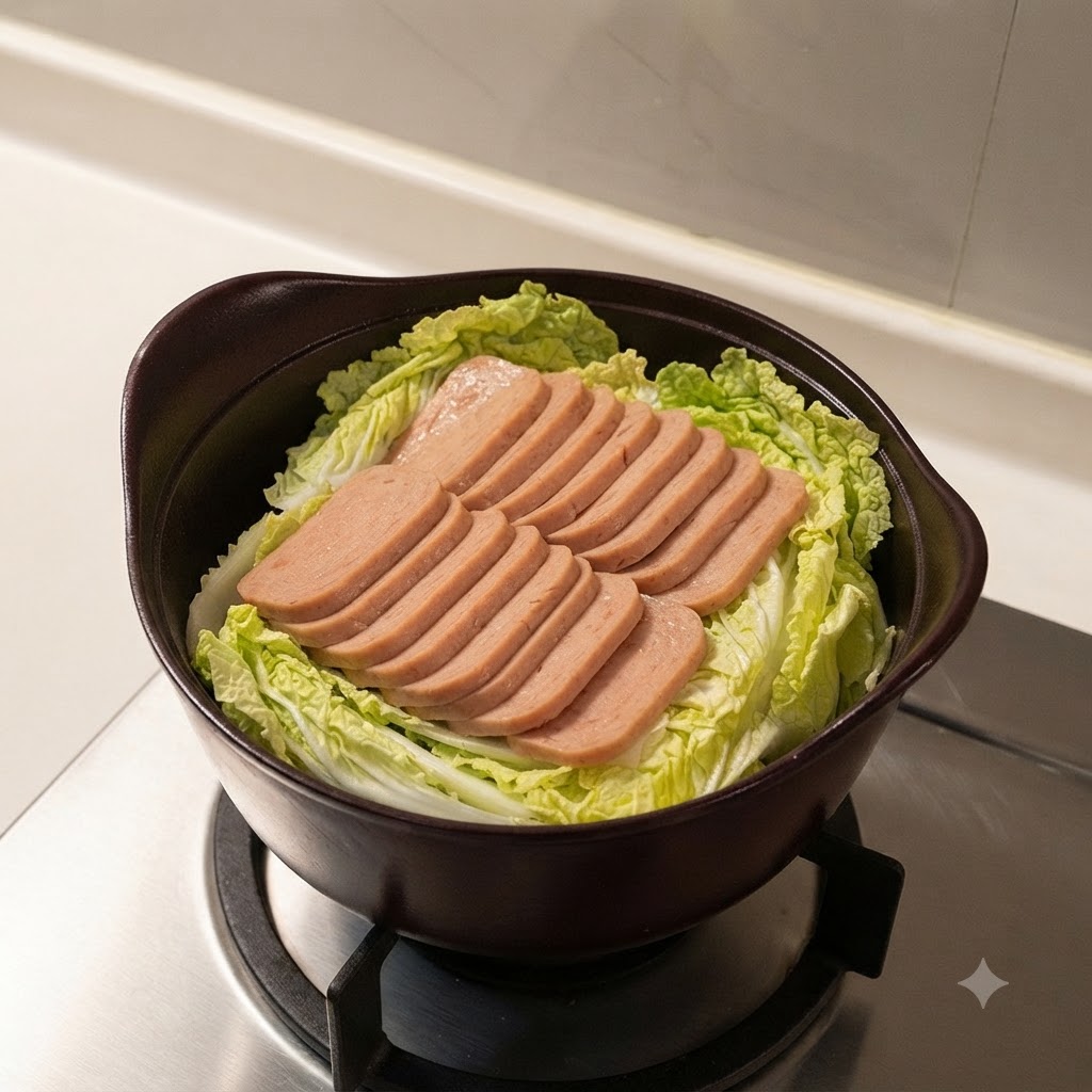 Disposición de rodajas de jamón enlatado ordenadamente colocadas sobre la col en la olla de cocina.
