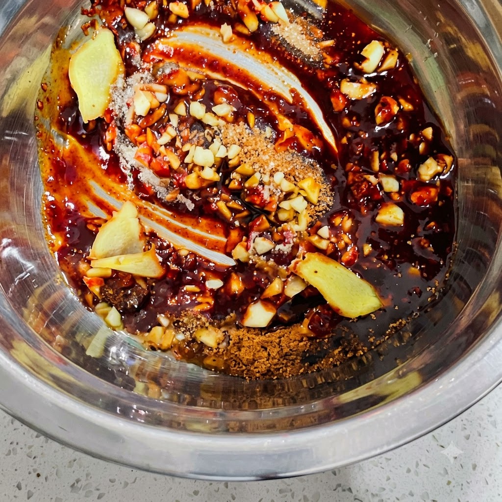 Un tazón que contiene pasta de chile coreana, ajo picado, rodajas de jengibre y condimentos en polvo mezclados.