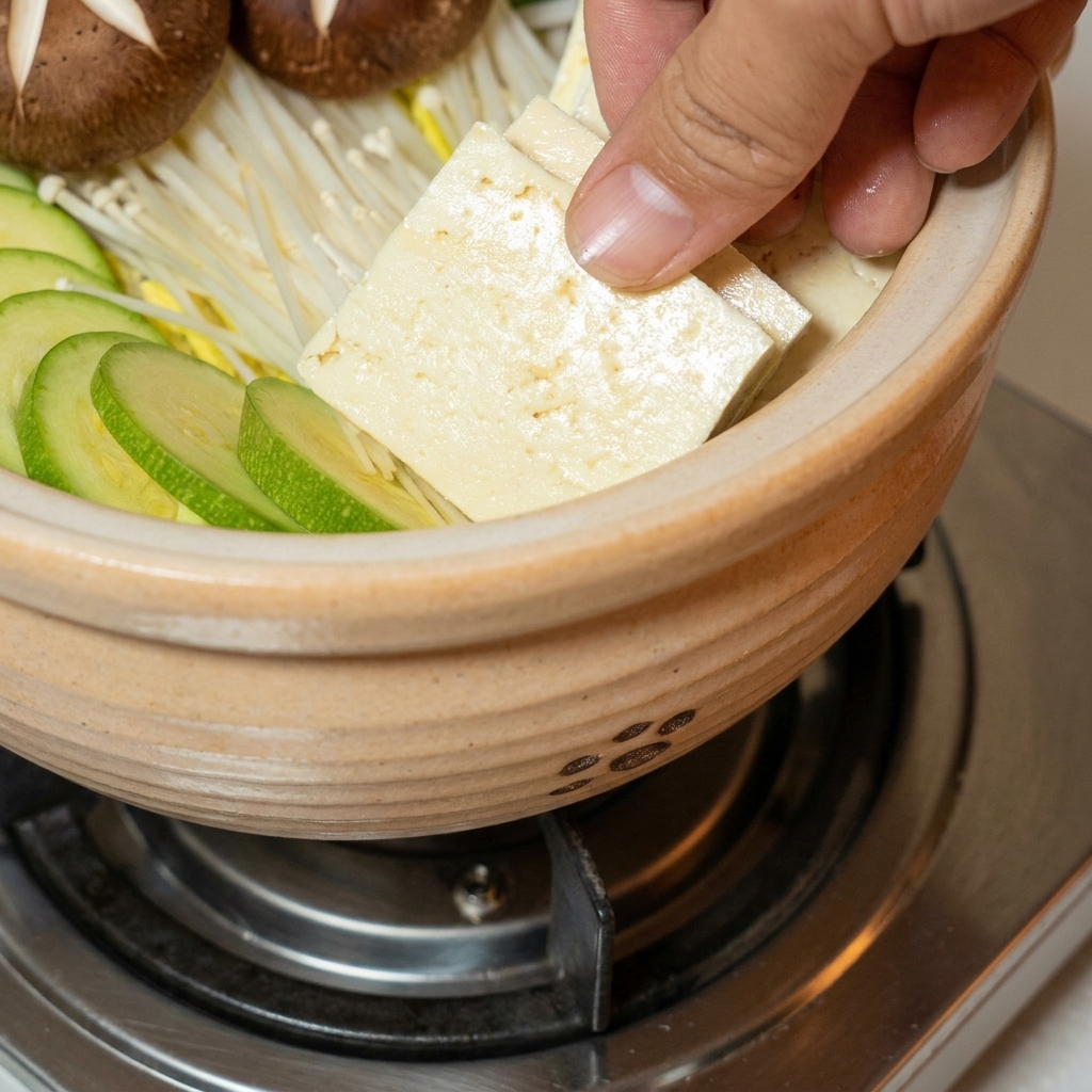 Rodajas de tofu firme siendo acomodadas dentro de la olla de cocción.