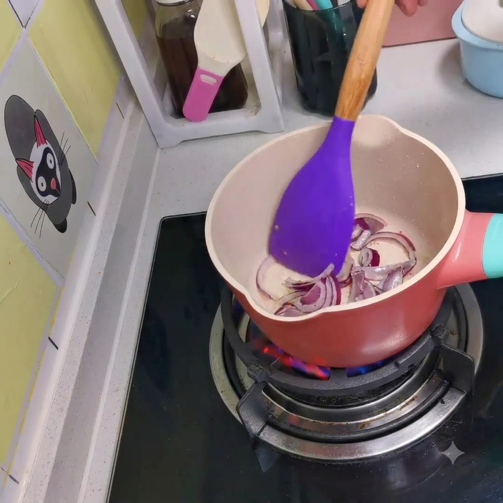 Cebollas rojas en rodajas siendo salteadas suavemente en una pequeña olla rosa sobre una estufa.