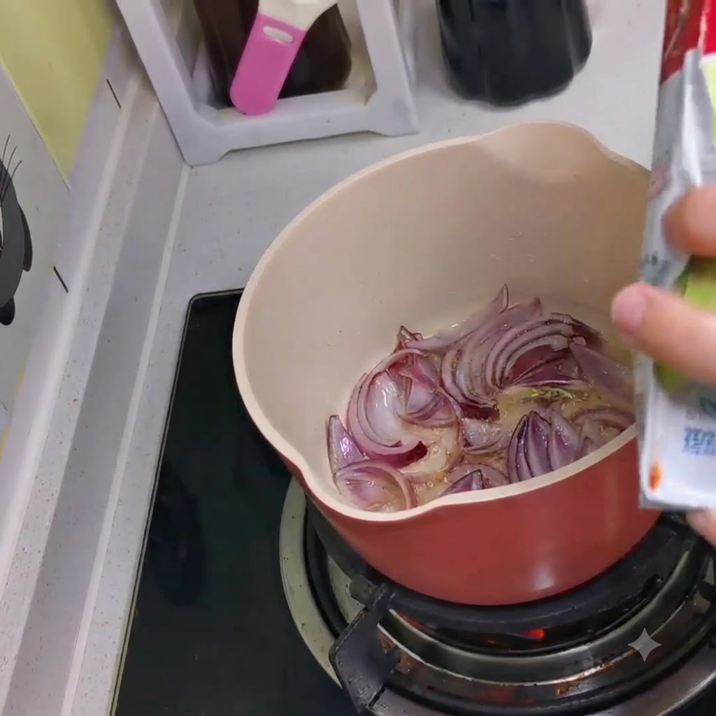 Kimchi siendo vertido de un paquete en la olla que contiene las cebollas rojas salteadas.