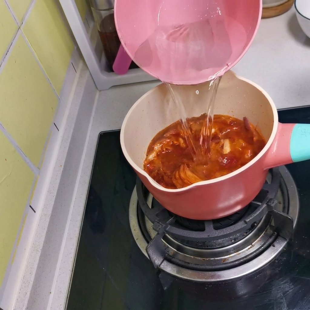 Agua caliente siendo vertida de una jarra rosa en la olla para formar la base de la sopa.