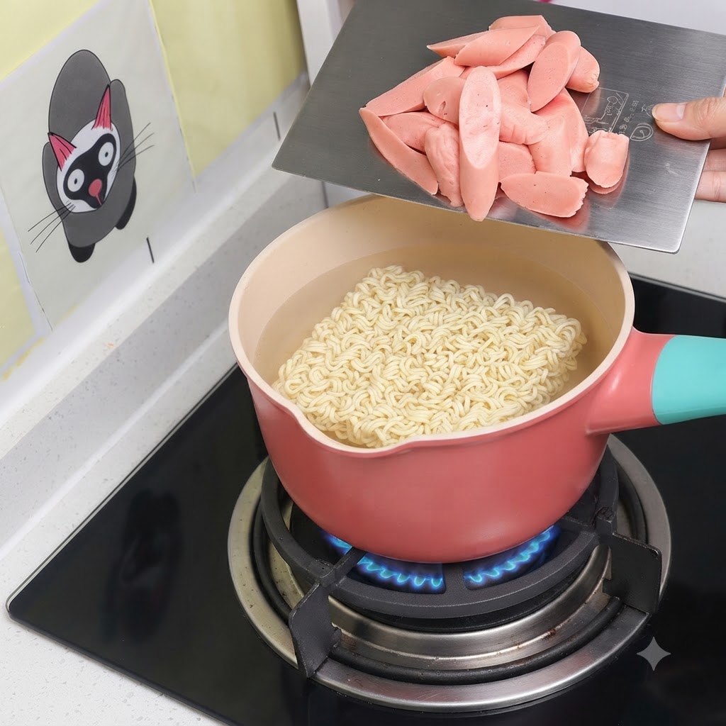 Salchichas rosadas en rodajas siendo transferidas desde una bandeja de metal a una olla rosa que contiene fideos hirviendo y caldo.