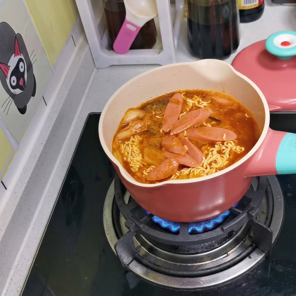 Una olla rosa en una estufa que contiene fideos, caldo y rodajas de salchicha mientras se cocina.